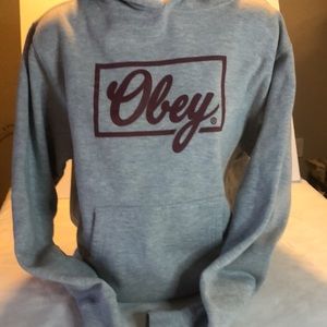 Obey Hoodie grey with maroon lettering. No drawstring. Gently worn